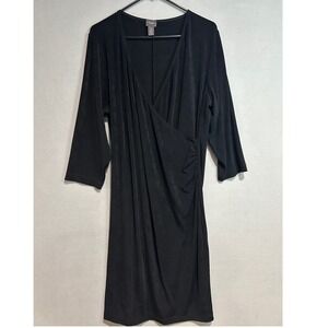 Chicos Travelers Faux Wrap Dress Womens 3 US XL Black 3/4 Sleeve Ruched Career